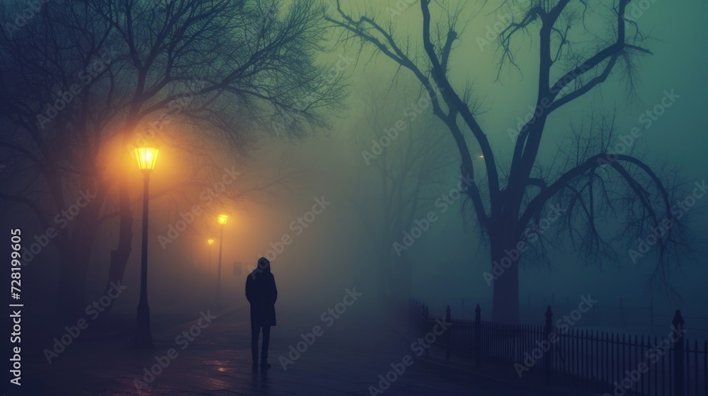 Lone Walker on a Foggy Street - Eerie Evening Urban Scene Lone Walker on a Foggy Street - Eerie Evening Urban Scene