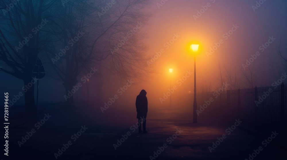 Solitary Figure on a Foggy Twilight Street: A Scene of Mystery and Solitude Silhouette of person standing alone, foggy street, illuminated by street lamps, twilight ambiance, trees in mist
Solitary Figure on a Foggy Twilight Street: A Scene of Mystery and Solitude Silhouette of person standing alone, foggy street, illuminated by street lamps, twilight ambiance, trees in mist