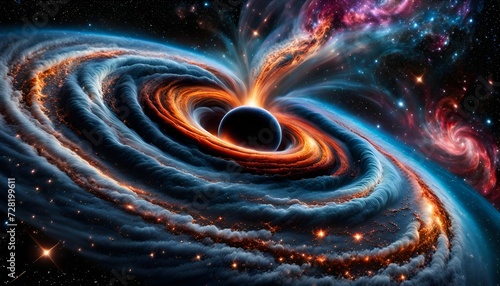 a spiral shaped disk is in the foreground of a black hole