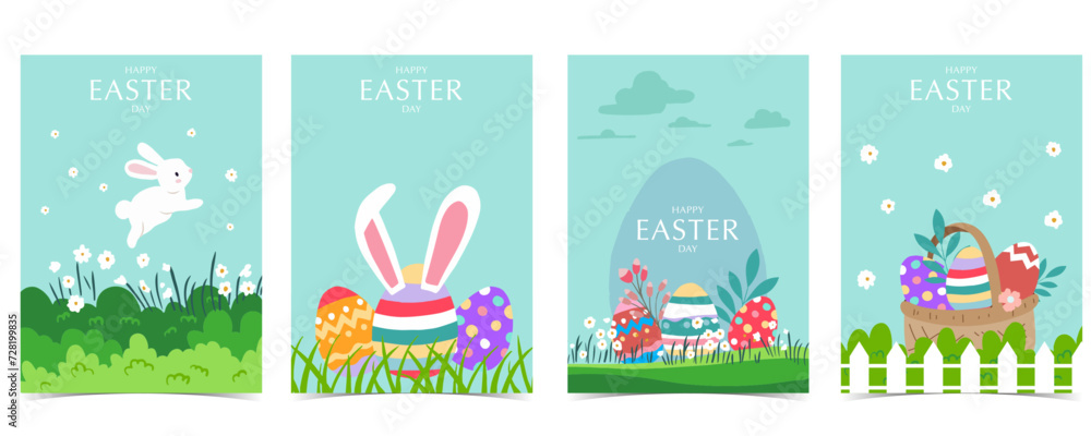 Collection of easter background set with rabbit and egg in garden Editable vector illustration for A4 vertical postcard Collection of easter background set with rabbit and egg in garden Editable vector illustration for A4 vertical postcard