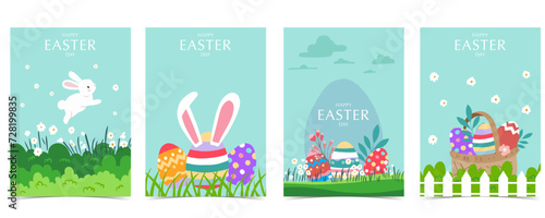 Collection of easter background set with rabbit and egg in garden Editable vector illustration for A4 vertical postcard
