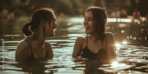 two girls laugh while sitting in water, generative AI