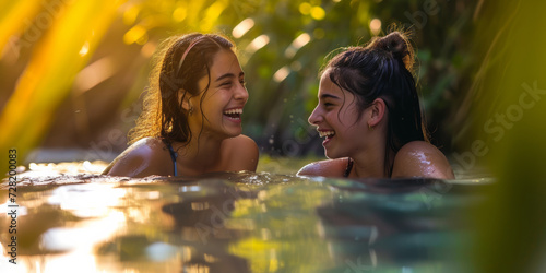 two girls laugh while sitting in water, generative AI © VALUEINVESTOR