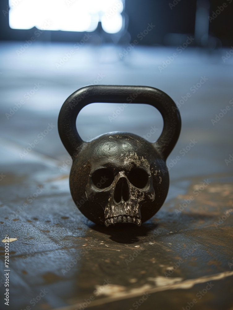 Fototapeta premium A kettlebell with weight in the shape of a Skull sitting on the floor of warehouse gym