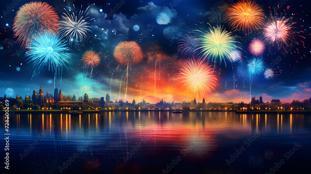 Colorful fireworks festival happy new year.