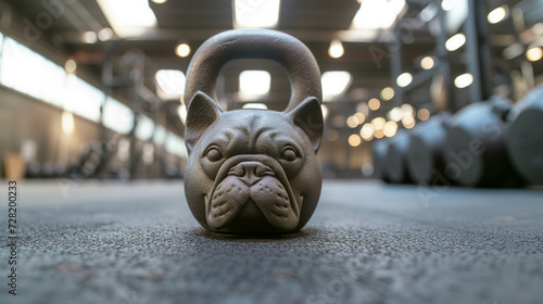A kettlebell with weight in the shape of a Bulldog or Frenchie sitting on the floor of a warehouse gym photo