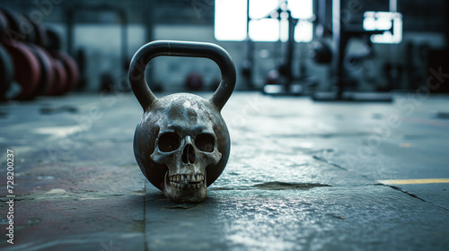 A kettlebell with weight in the shape of a Skull sitting on the floor of warehouse gym photo