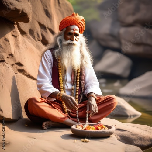 Indian Pilgrim or sadhu in meditation in river side Generative Ai photo