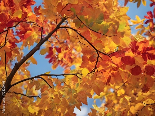 Leafy tree branch in vibrant autumn colors. AI Generated