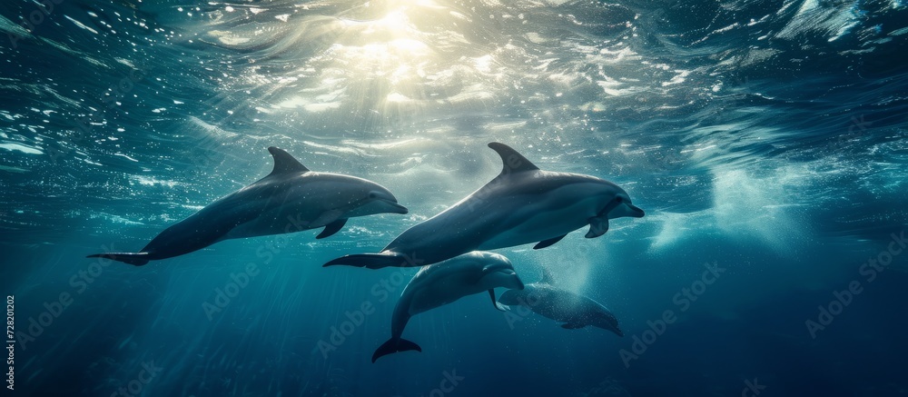 Fototapeta premium Majestic Underwater Dance: Dolphins Gliding Through Sunlit Depths