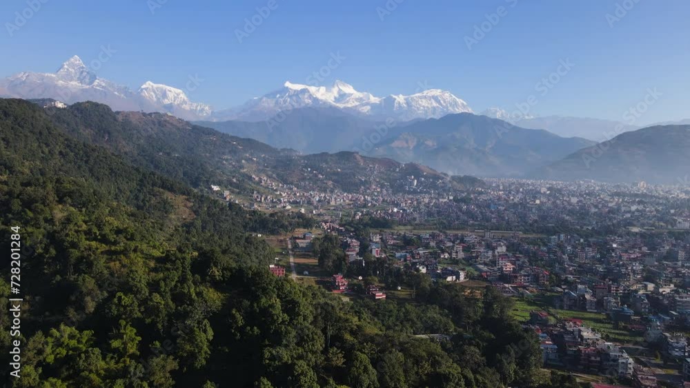 Idyllic View Of Mountains And City In Pokhara, Nepal - Aerial Drone Shot Idyllic View Of Mountains And City In Pokhara, Nepal - Aerial Drone Shot