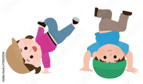 ブレイクダンスをする男の子と女の子　イラスト
