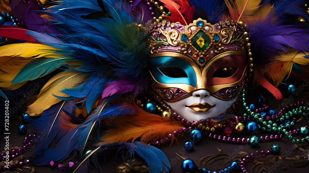 Colorful Mardi Gras beads, feathers, and carnival mask.