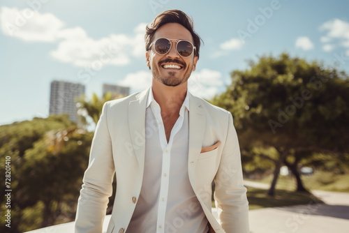 Hispanic Man in Suit Enjoying Sunlight Outdoors, Smiling © lermont51