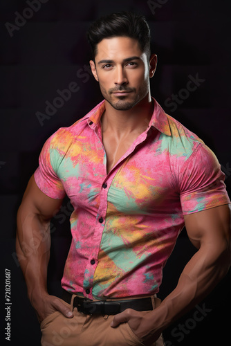 Muscular Hispanic man in colorful casual shirt