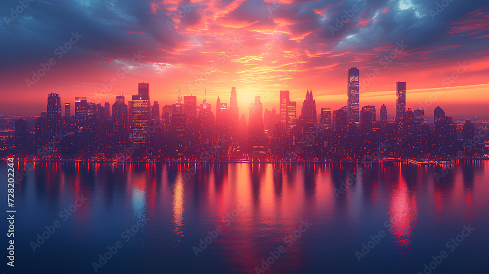 Dramatic red and orange sunset casting a fiery glow over a city's skyline reflected in tranquil water.
