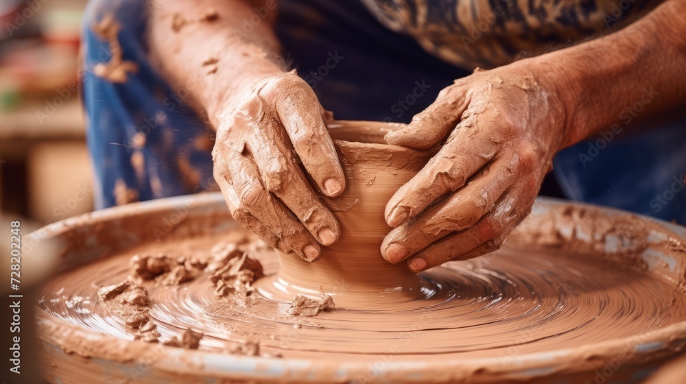 Hands of potter making day pot. Close up process shot of a potter's hands shaping clay on a pottery wheel, Generative Ai