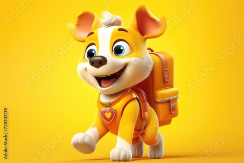 Happy dog with backpack  cartoon style. Back to school theme. Puppy on yellow background illustration. AI Generated 