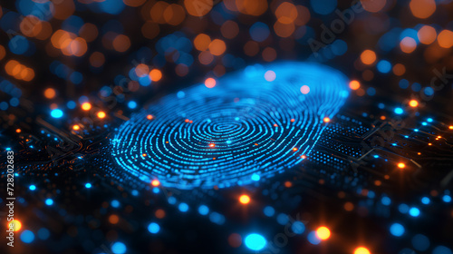 Digital fingerprint pattern glowing on a circuit board, illustrating concepts of digital identity and cybersecurity in technology. 
