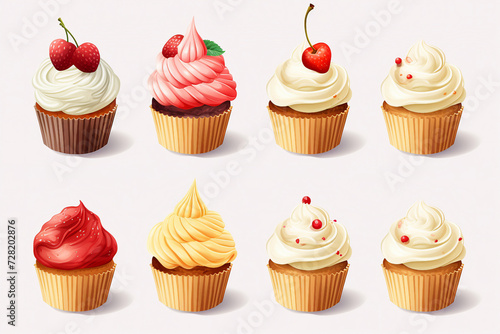 set of cupcakes with cream and cherry