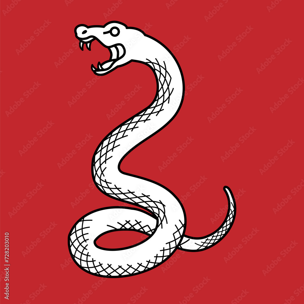 Obraz premium トグロを巻き牙を剥くヘビ 2025年巳年 年賀状素材 線画