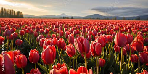 Beautiful field of red tulips  on beautiful sunset landscape   Blooms in Scarlet  Nature s Canvas at Dusk 