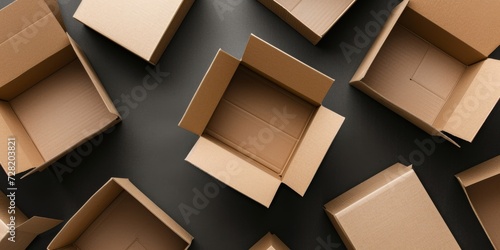 Empty open brown cardboard boxes on dark gray color background. Top view photo