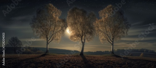 Enchanting Nighttime Capture: Three Majestic Birches Illuminate the Night, Embracing the Tranquil Beauty of Three Majestic Trees in the Moonlit Night