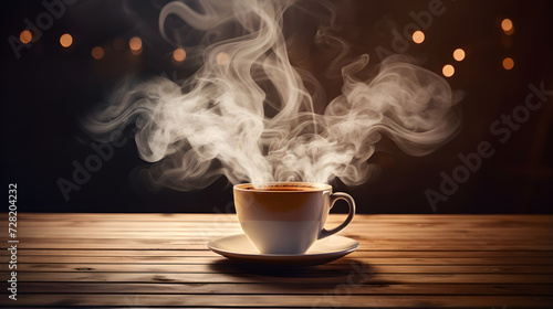 Cup of coffee with steam rising out of it on wooden table