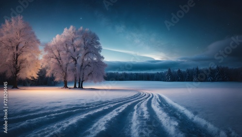 Solitary Tree in a Snow-Covered Winter Landscape at Twilight © anamulhaqueanik