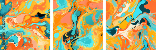 Set of three liquid fluid background with orange and cian splashes. Abstract luxury marble effect pattern, texture with a gold lines. Seamless pattern. photo
