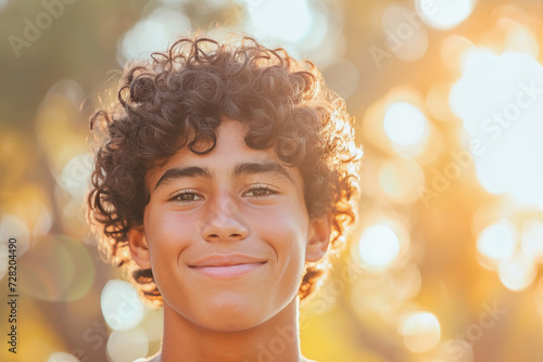 Teen Hispanic boy with serene expression during sunset in park