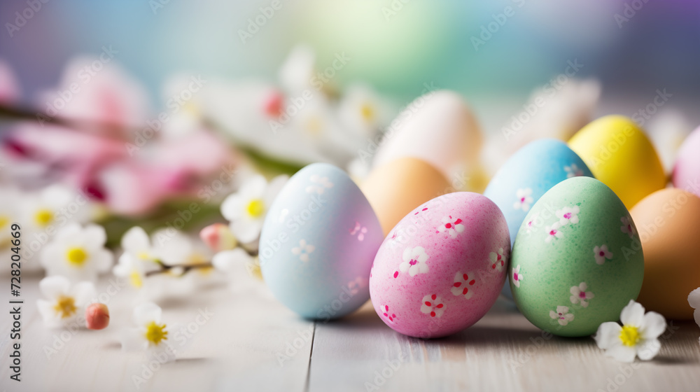 Colorful easter eggs and blooming blossom flower on floor with blurred floral on background. Spring and Easter holiday celebration concept with copy space. Design for greeting card, banner and poster.