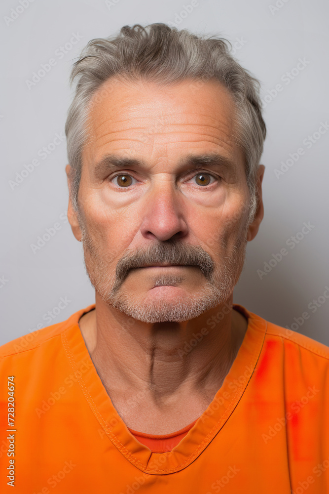 Prison mugshot of middle aged man in orange jumpsuit Prison mugshot of middle aged man in orange jumpsuit