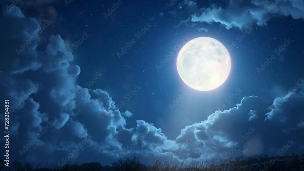 Relaxing full glowing moon with stars and cloud at beautiful night looping animation video style Relaxing full glowing moon with stars and cloud at beautiful night looping animation video style