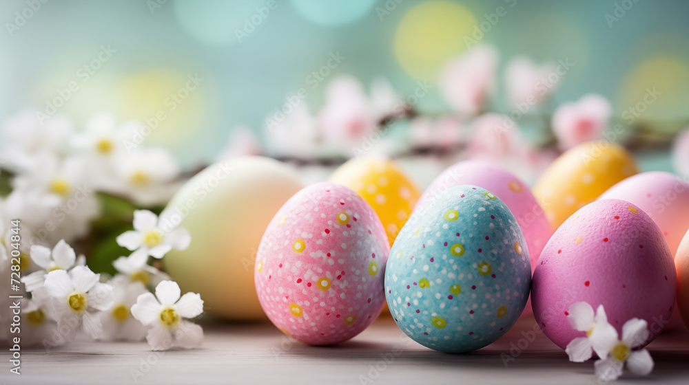 Colorful easter eggs and blooming blossom flower on floor with blurred floral on background. Spring and Easter holiday celebration concept with copy space. Design for greeting card, banner and poster.