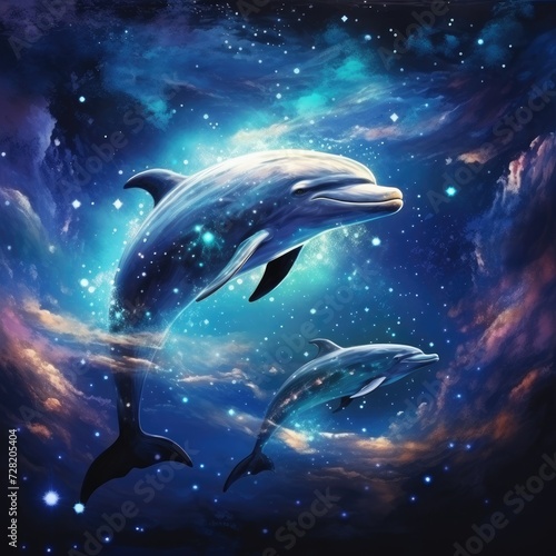 Dolphins swim in the cosmic ocean. Fantastic reality.