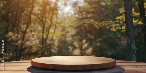 Abstract round platform podium for organic cosmetic products. Natural style presentation display stand. Circle wooden podium on wooden table over blurred forest background. Front view