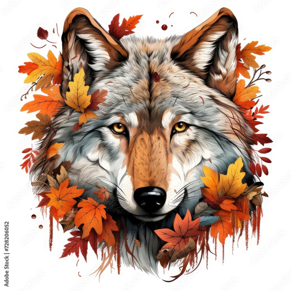 Close-up of a majestic wolf among autumn orange leaves on a white background. Close-up of a majestic wolf among autumn orange leaves on a white background.