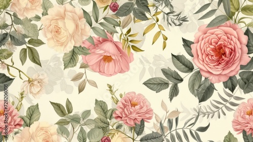 Vintage pattern botanical variety flowers such as roses, peonies, daisies, and ferns aged paper hand-drawn classic botanical drawings, elegant design suitable for fabric, wallpaper, and stationery © ND STOCK
