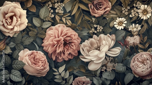 Fototapeta Naklejka Na Ścianę i Meble -  Vintage pattern botanical variety flowers such as roses, peonies, daisies, and ferns aged paper hand-drawn classic botanical drawings, elegant design suitable for fabric, wallpaper, and stationery