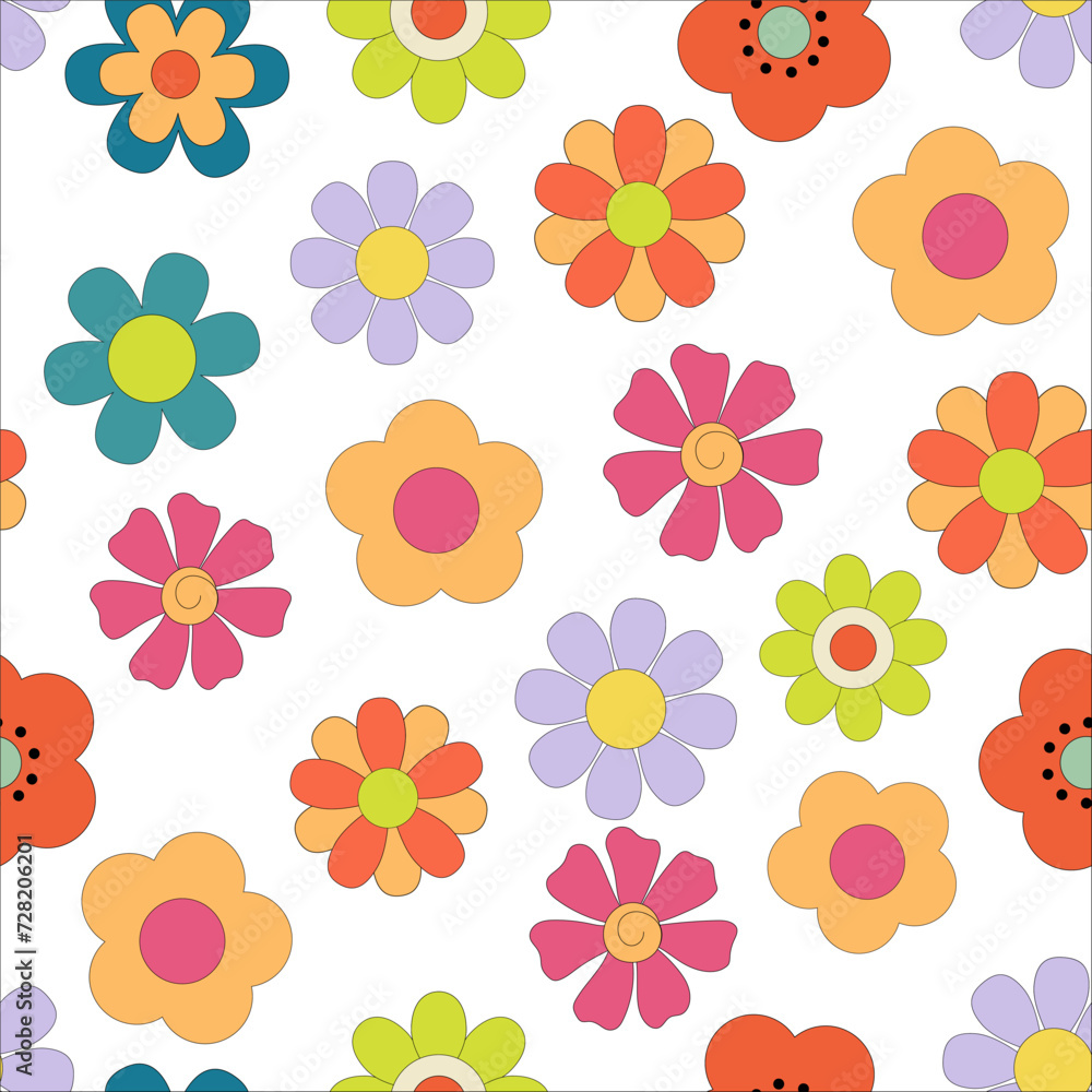 Trendy floral pattern in the style of the 70s and 80s with groovy daisy flowers on white background