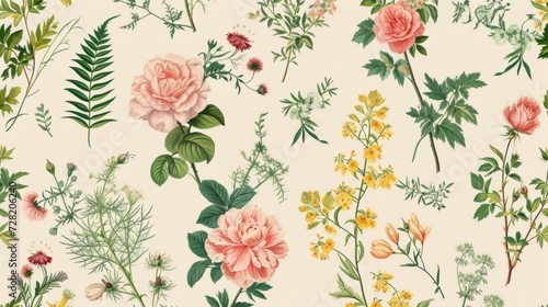 Vintage pattern botanical variety flowers such as roses, peonies, daisies, and ferns aged paper hand-drawn classic botanical drawings, elegant design suitable for fabric, wallpaper, and stationery