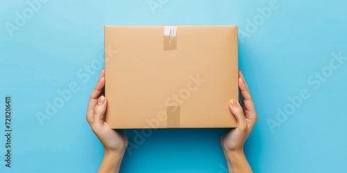 Woman hand holding brown ecological package box made of natural corrugated cardboard. Mockup mailing parcel box on blue background. Packaging, shopping, delivery concept © StockWorld
