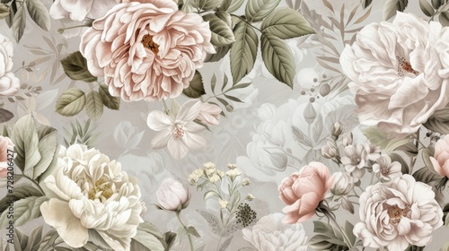Fototapeta Naklejka Na Ścianę i Meble -  Vintage pattern botanical variety flowers such as roses, peonies, daisies, and ferns aged paper hand-drawn classic botanical drawings, elegant design suitable for fabric, wallpaper, and stationery