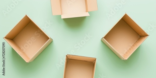 Empty open cardboard boxes on light green background. Top view