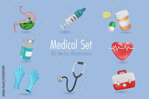 3D Medical health care set. Stomach, syringe, medicine, heart, glove and first aid medical box. 
