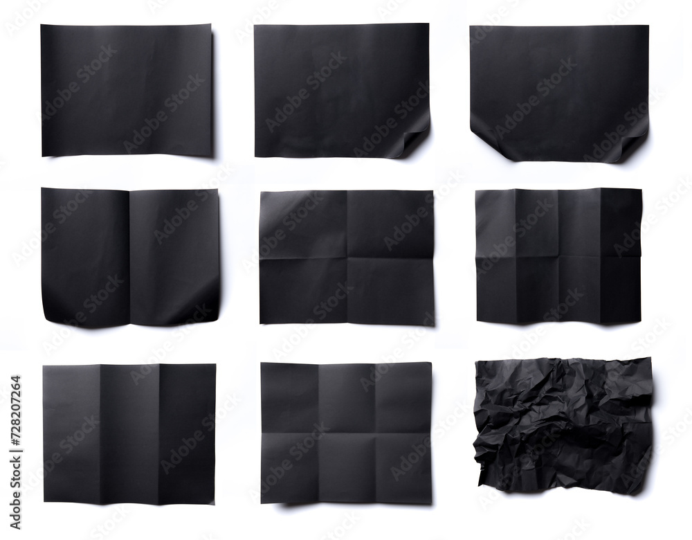 Collection of Black paper,crumpled paper,unfolded piece paper on white background
