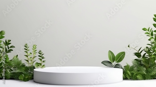 3d render of minimal product display podium with green plant background.