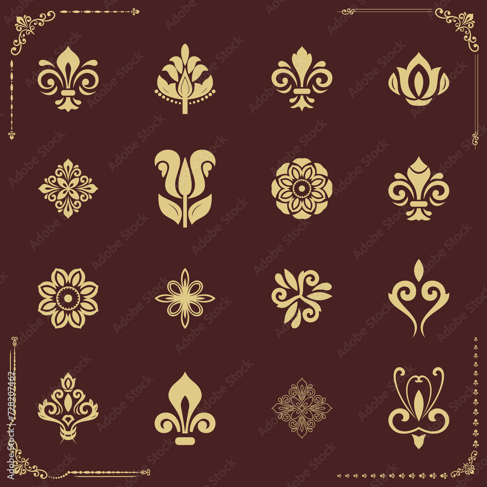 Vintage set of brown and golden elements. Elements for backgrounds, frames and monograms. Classic patterns. Set of vintage patterns